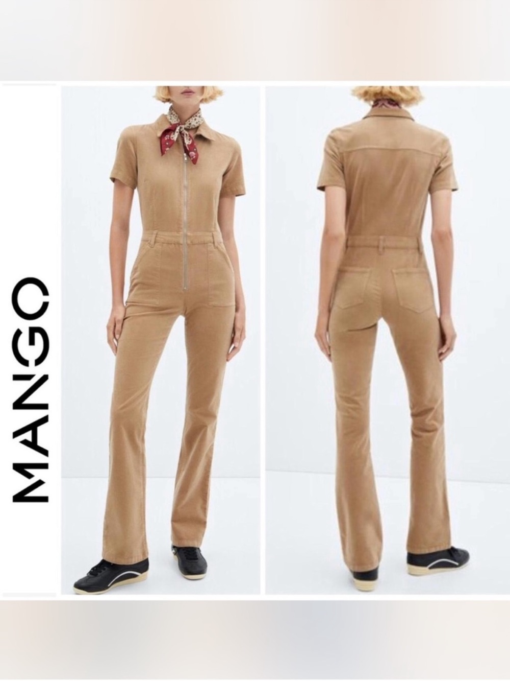 Mango Tan Short-Sleeve Zip-Front Jumpsuit